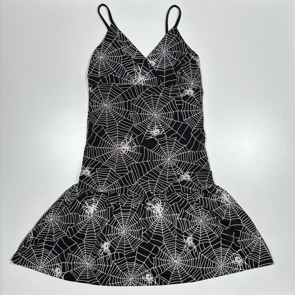 Y2K Spiderweb & Spider Print Black & White Mini Dress - Size Small ish